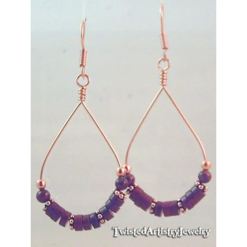 Red Jasper Beaded Copper Teardrop Hoop Earrings One-Of-A-Kind Handmade - Picture 2 of 3